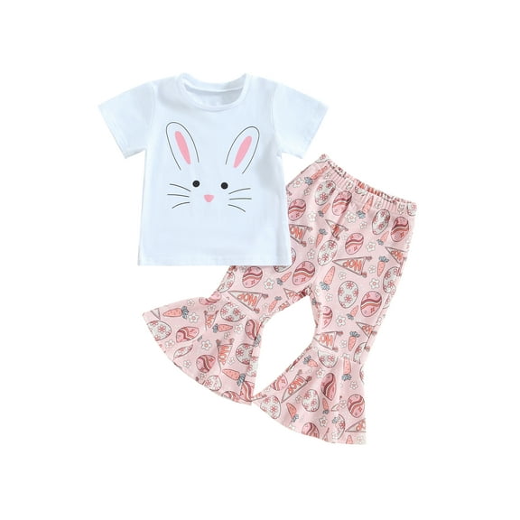 Bagilaanoe 3Pcs Toddler Baby Girl Easter Outfits Bunny Print Short Sleeve T-shirt Tops   Flare Trousers   Headbands 12M 18M 24M 3T 4T 5T Kids Long Pants Set