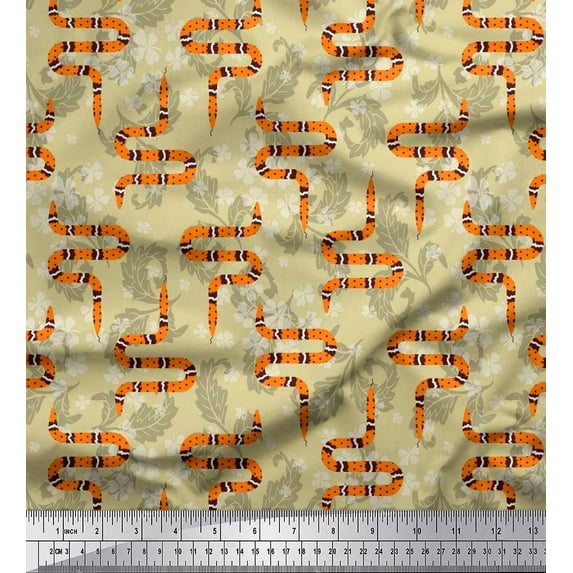 Soimoi Beige Silk Fabric Leaves,White Floral & Snake Reptile Print Fabric by The Yard 42 Inch Wide