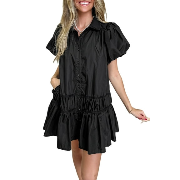 Women's Black Puff Sleeve Ruffle Hem Button Down Shirt Dress - [ZhiHiMeRi] | (US 12-14)L