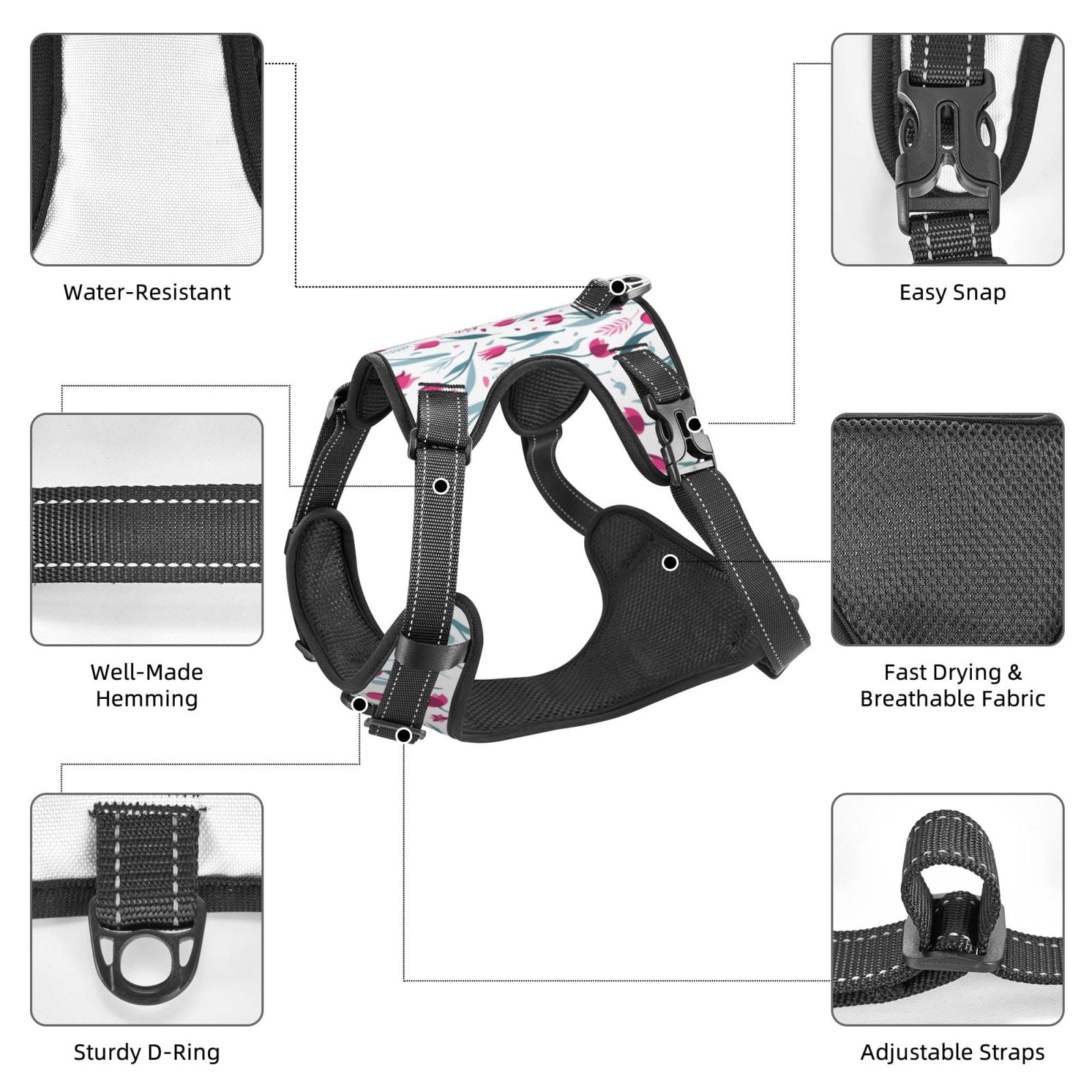 Kdxio Tulips Flowers Print No Pull Dog Harness Adjustable Reflective Oxford Easy Control Medium Large Dog Harness for Training and Everyday-Small