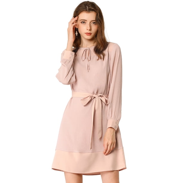 Allegra K Vestido Recto Corbata Ojo De Cerradura Bloque De Color Manga Larga Con Cinturón Para Mujer Rosa XL Unique Bargains Vestidos