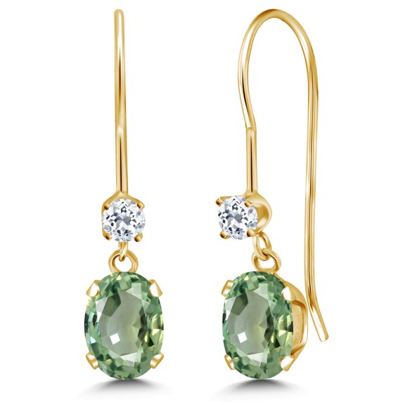 Gem Stone King 14K Yellow Gold Green Sapphire and White Topaz French Wire Dangle Earrings for Women (1.26 Cttw, Gemstone September Birthstone, Oval 6X4MM and Round 2.5MM)