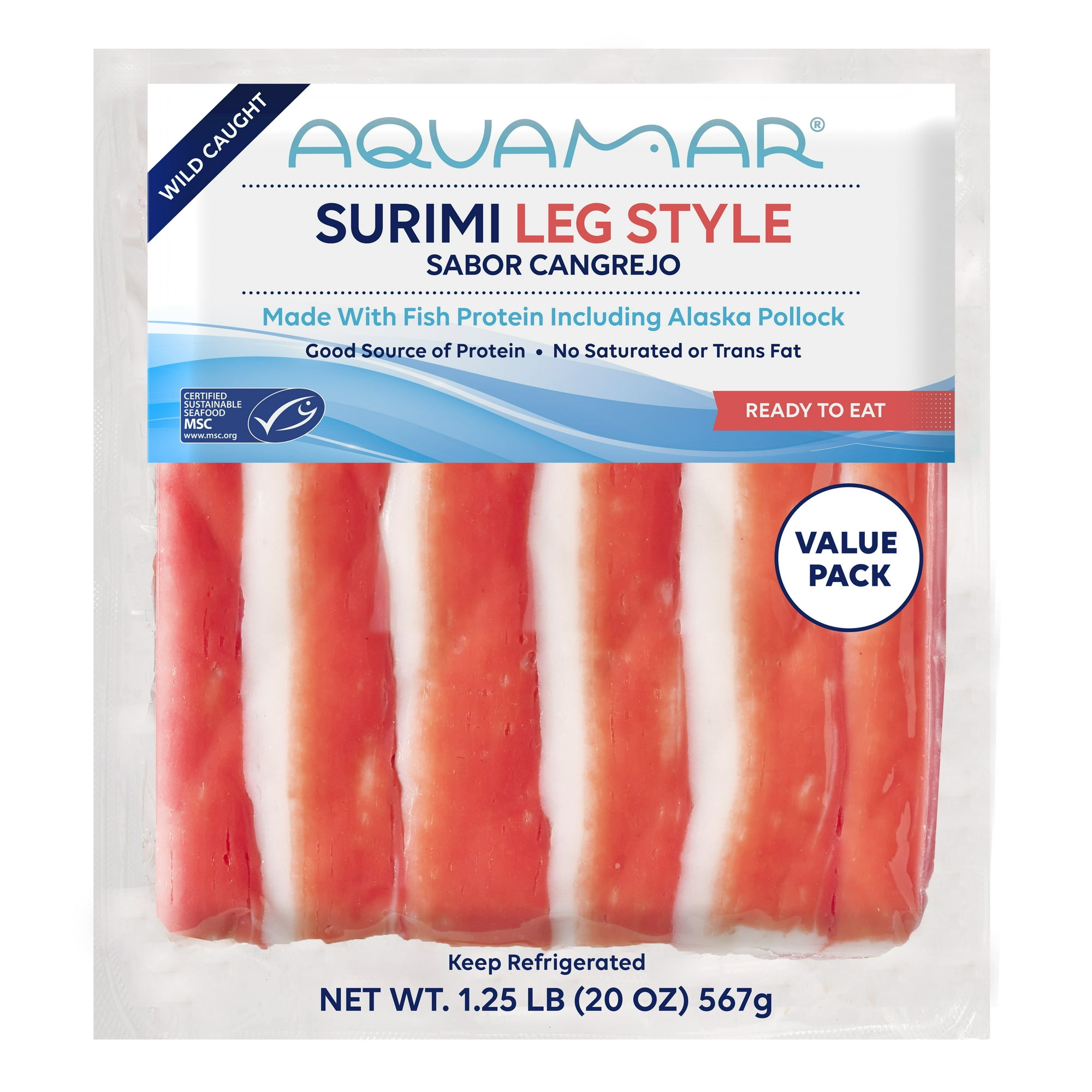 Aquamar Surimi, Leg Style Fresh Imitation Crab, 1- 20 oz , Medium Plastic Bag. Contains 5gr of Protein per Serve.