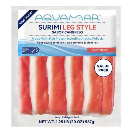 Aquamar Surimi, Leg Style Fresh Imitation Crab, 1- 20 oz , Medium Plastic Bag. Contains 5gr of Protein per Serve.