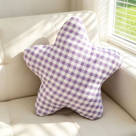 Grid Fabric Five Pointed Star Plush Pillow, Soft Lumbar Support Cushion, Decorative Throw Pillow for Sofa Bedroom Living Room,Purple