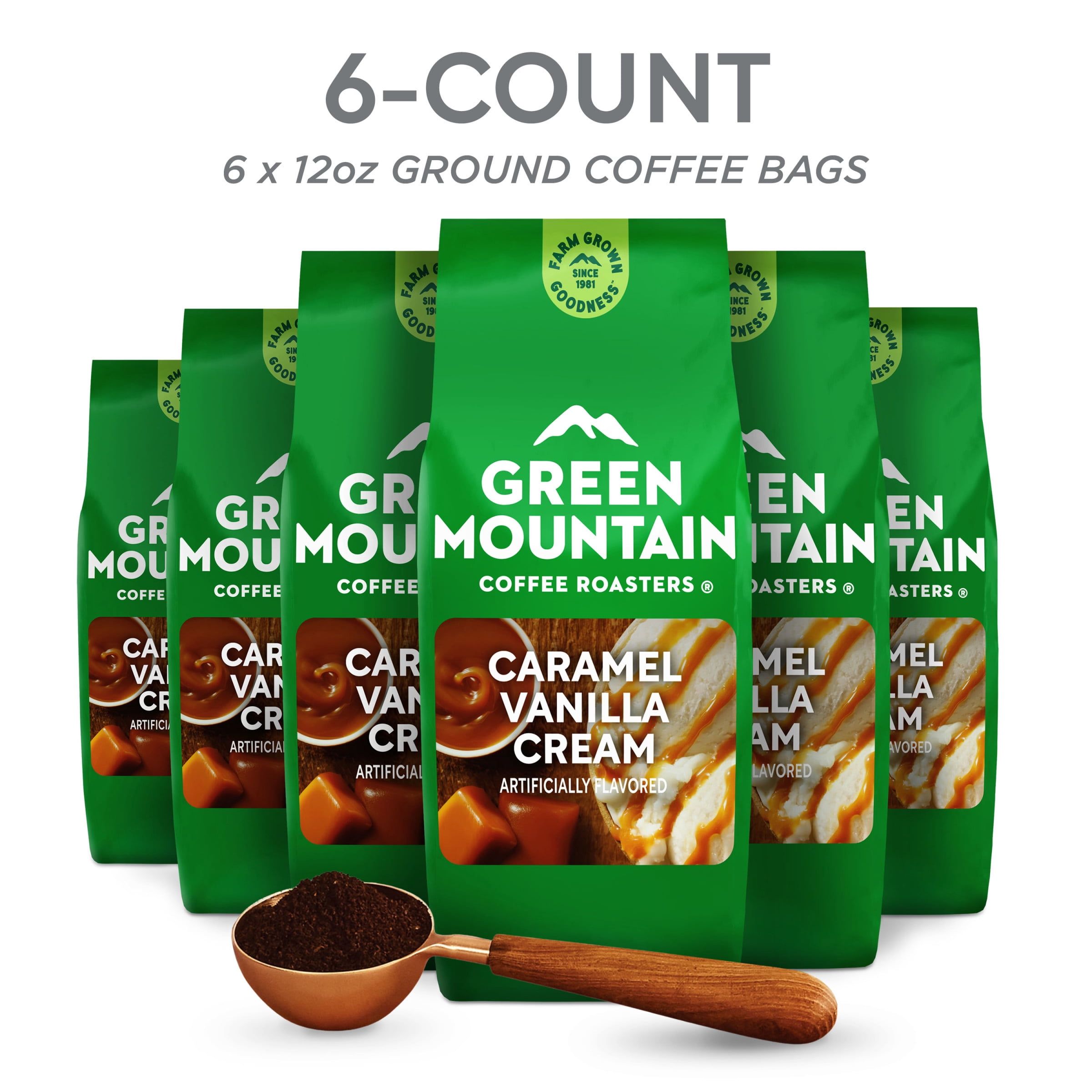 (6 pack) Green Mountain Coffee Roasters Caramel Vanilla Cream, Light Roast, Ground Coffee, 12 oz