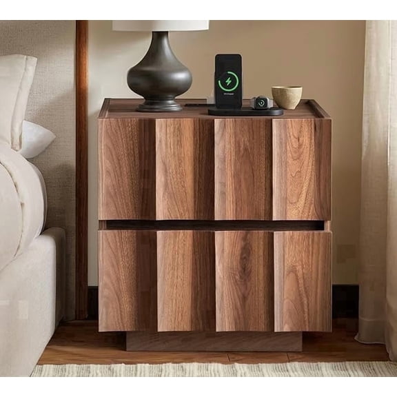 Rafasarr Mid Century Modern Fluted Nightstand with Charging Station and Wave Design, Drawer Storage, Walnut