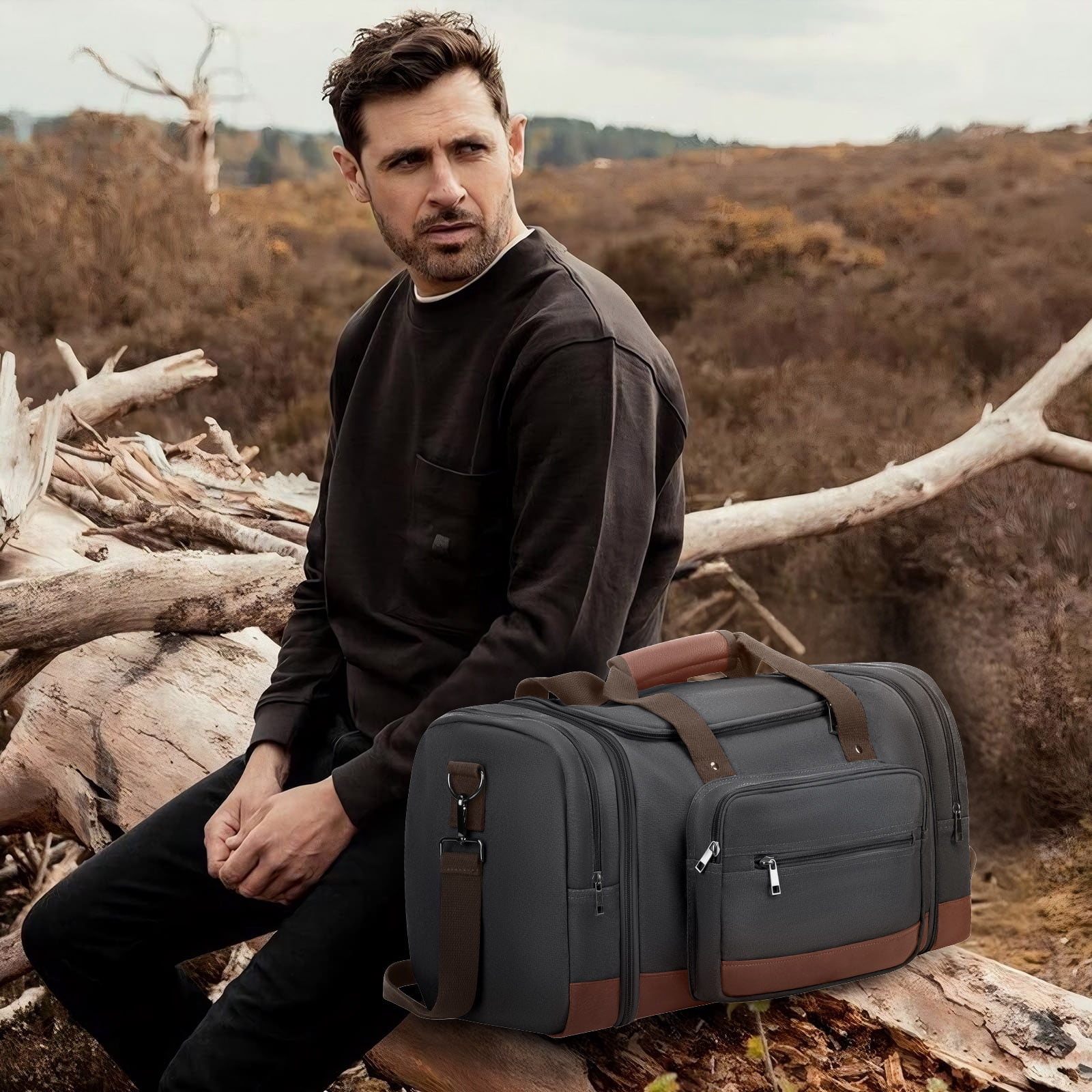 Gynky Duffle Bag for Travel Bag 46L Large Expendable Duffle Bags for Men Weekender Bag with Trolly Sleeve for Business Trip Travel Camp Gym, Black