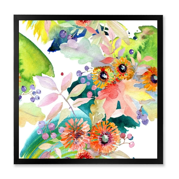 Vital Wild Spring Leaves and Wildflowers III 36 in x 36 in Framed Painting Canvas Art Print, by Designart