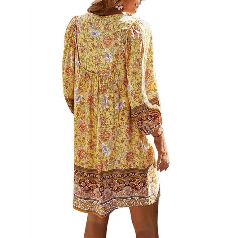 yoeyez Boho Dress for Women Casual Puff 3/4 Sleeve Vintage Summer Sundress  Flower Print V Neck Bohemian Mini Dresses