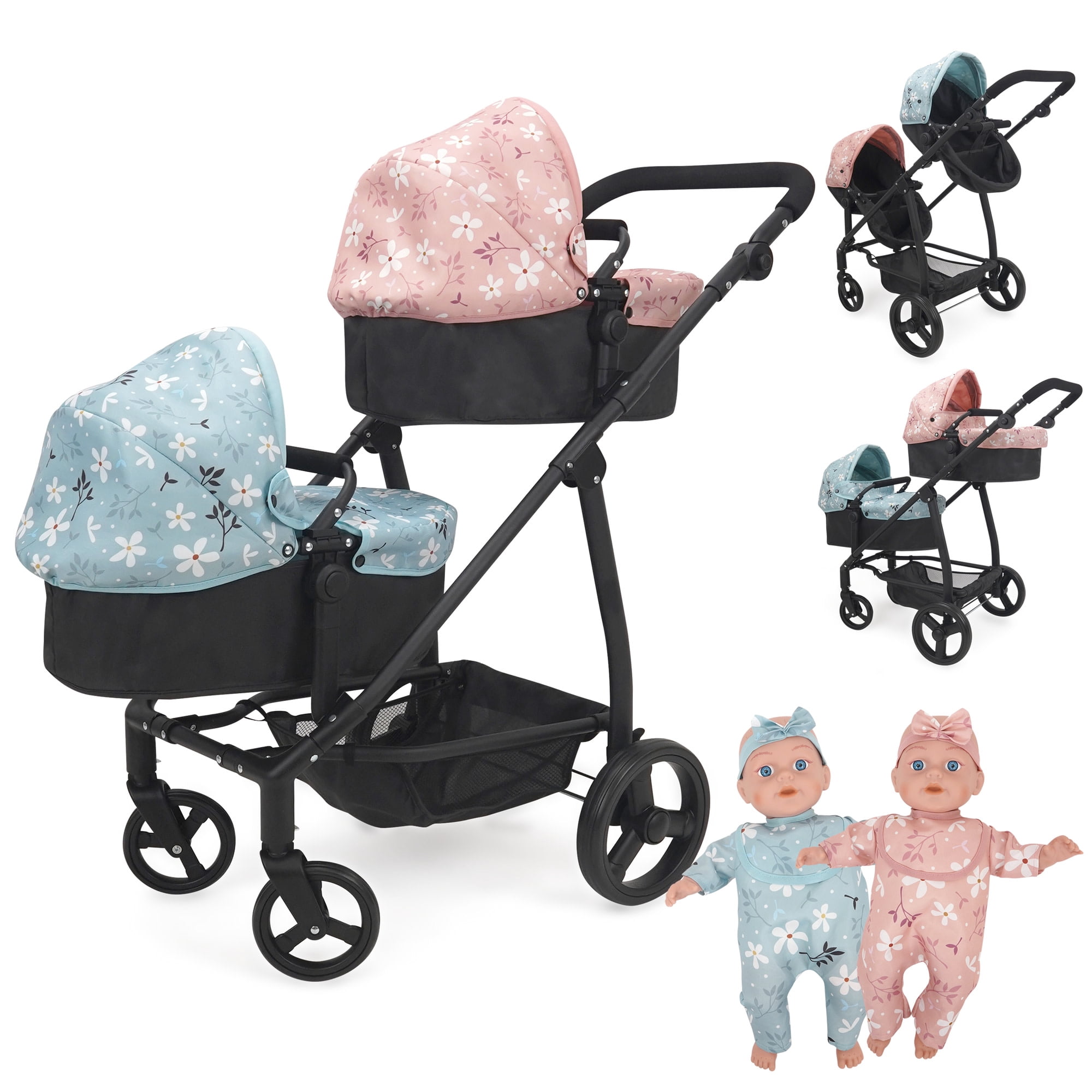 509 Crew: Springtime - Deluxe City Twin Stroller & Baby Dolls Set - Black & Flowers, Pink-Blue Outfits, Converts To Jogger & Push Pram, Toy, Kids 3+