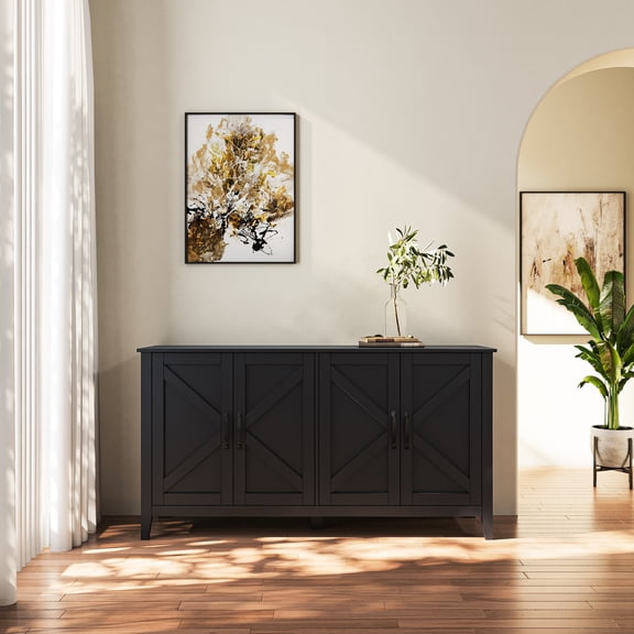 4-door 4-open Shelf Freestanding Cabinet For Living Room Bedroom Office, Construction, Black Shelves Storage Cabinet, Room. , 15.8*58.15*31.4 In, 87.55lbs, 40kg Load-bearing Capacity