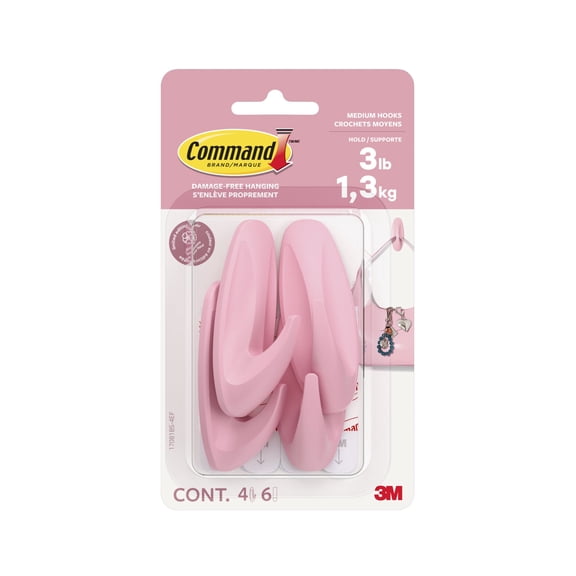Command Medium Designer Hooks, Blossom, Holds 3 lbs, 4 Hooks, 6 Adhesive Strips