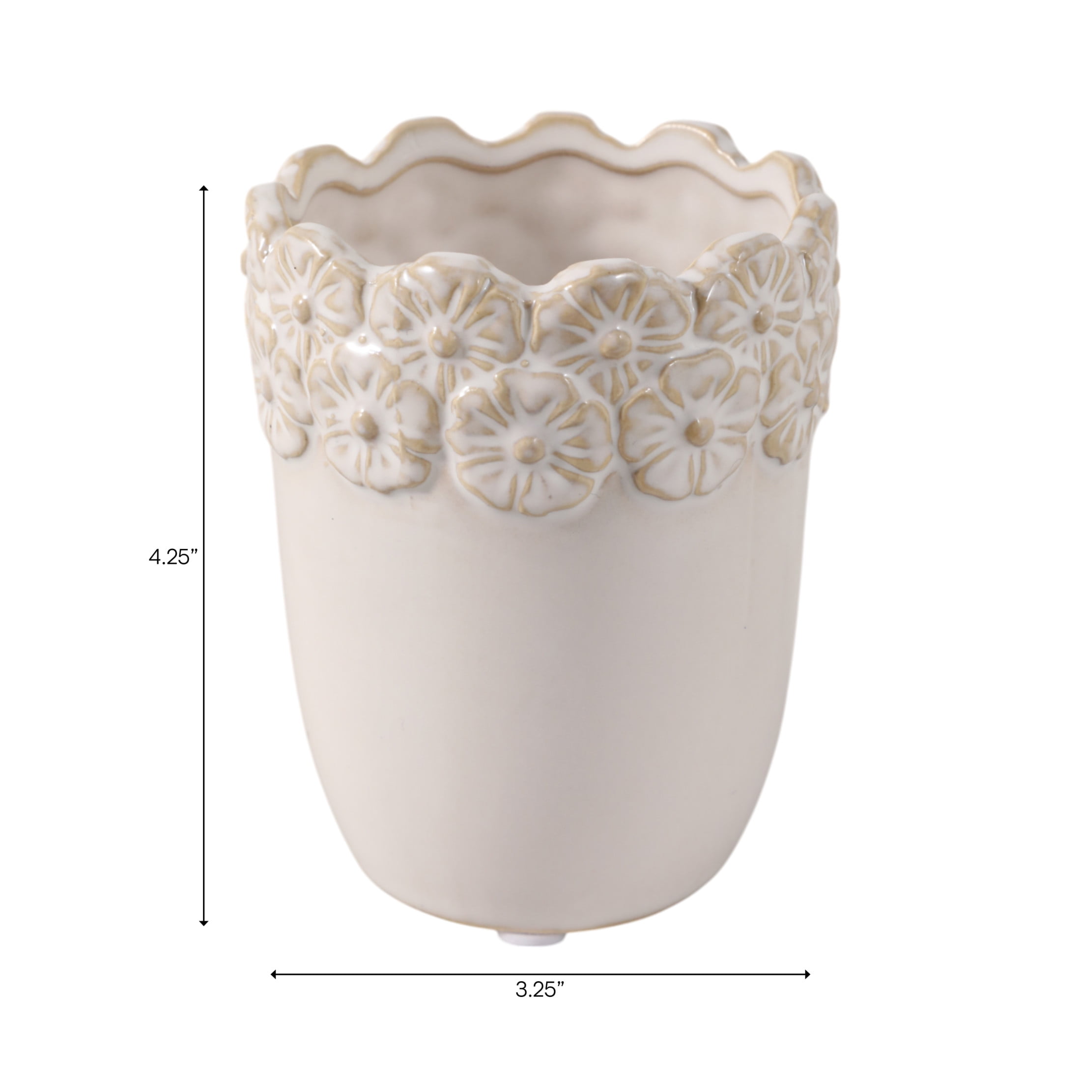 Flower and Scallop Border Ceramic Desk Organizer - Cute Desktop and Office Storage Organizer for Workspace Decor - Functional Small Desk Holder for Office Accessory and Home Decor - 5", Ivory