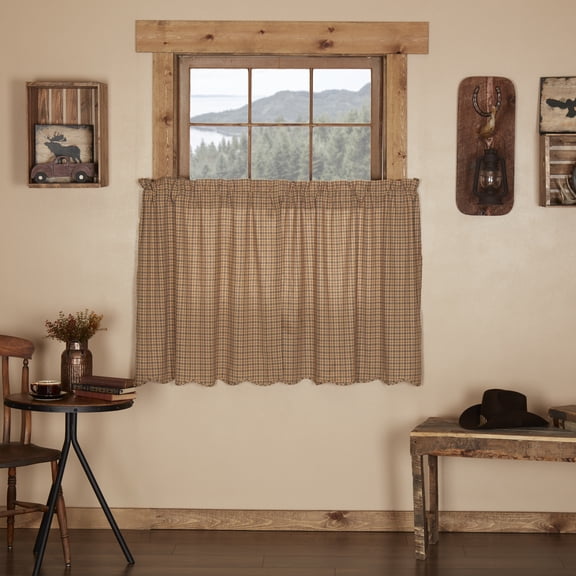 VHC Brands Millsboro Plaid Cotton Rustic Kitchen Curtains Rod Pocket 36x36 Tier Pair, Khaki Tan