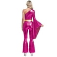 thumbnail image 2 of TiaoBug Women 70s Disco Costume One Shoulder Long Sleeve Bell Bottom Hippie Club Jumpsuit Hot Pink XL, 2 of 4