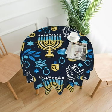 Happy Han-ukkah Je-wi-sh Chanukah Holiday Tablecloths Round Tablecloth Waterproof Table Cloth Stain-Resistant For Party Decoration 60 Inches