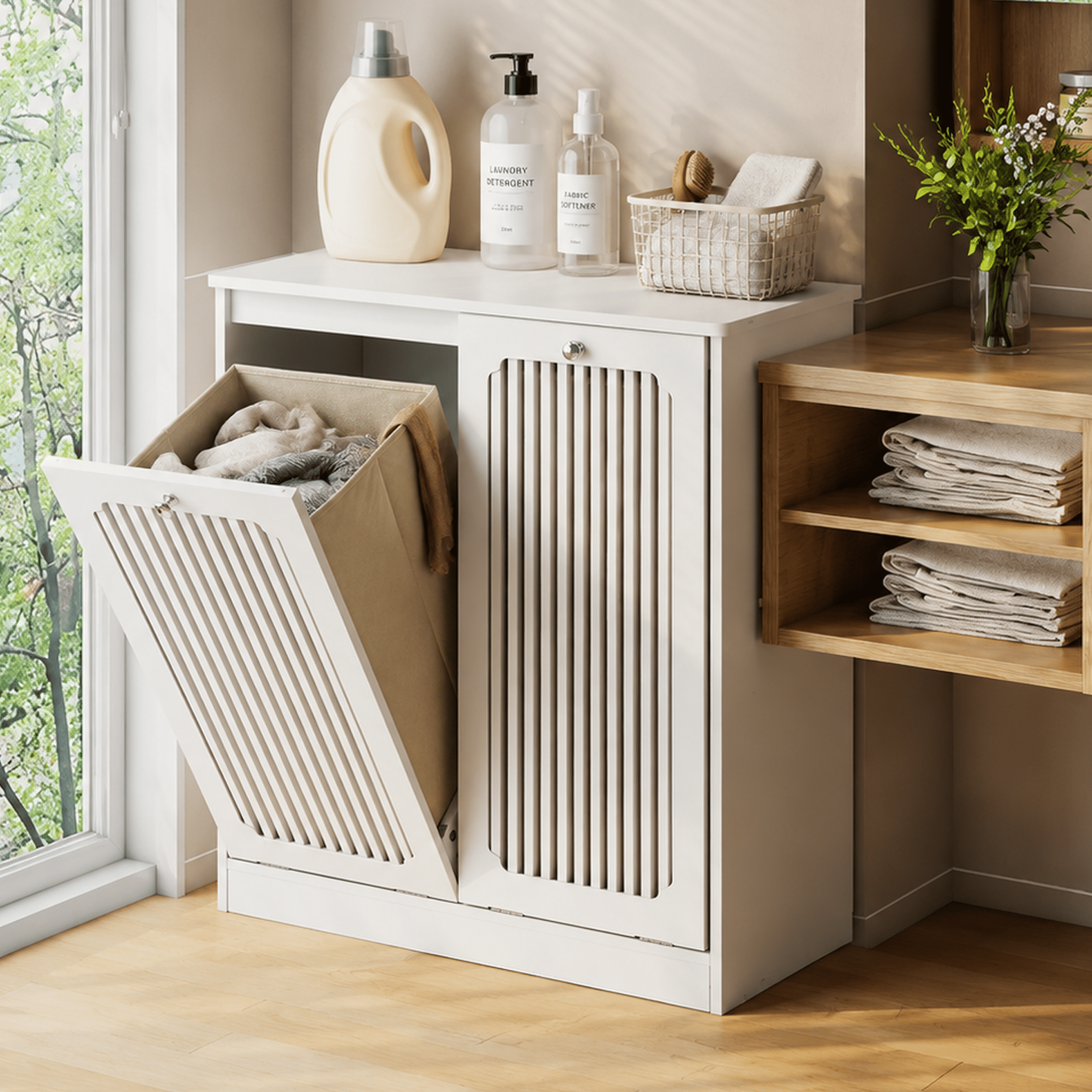 Flip-Top Louvered Laundry Hamper Cabinet with Dual Fabric Compartments, Moisture Resistant MDF Freestanding Storage Organizer for Bathroom Balcony Laundry Room