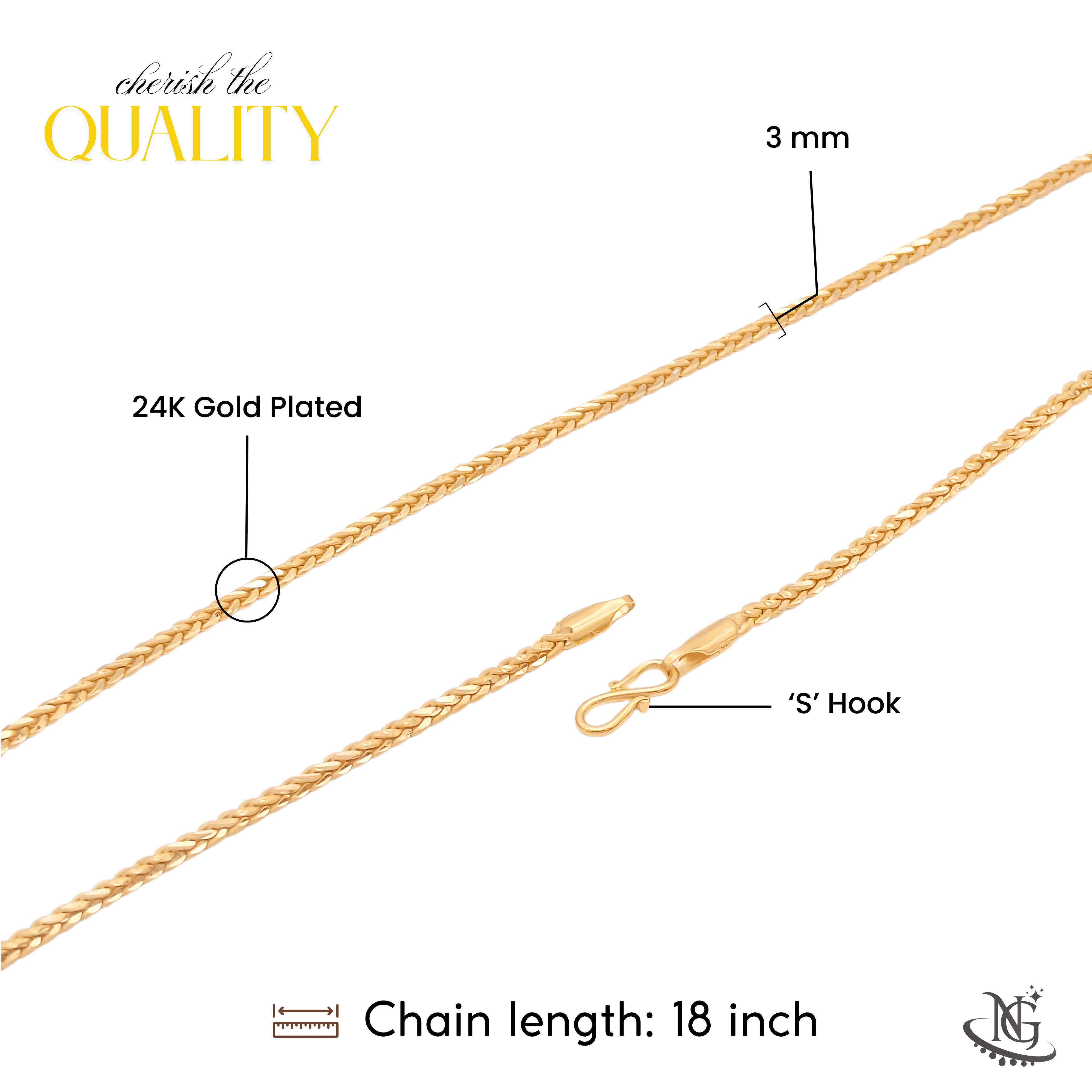NISHU GOLD 24K Gold-Plated Chain Necklace, 18 Inch, Anti-Tarnish, Waterproof, Hypoallergenic