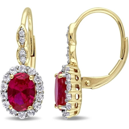 Tangelo 3-3/8 Carat T.G.W. Oval-Cut Created Ruby, White Topaz and Diamond-Accent 14kt Yellow Gold Halo Earrings
