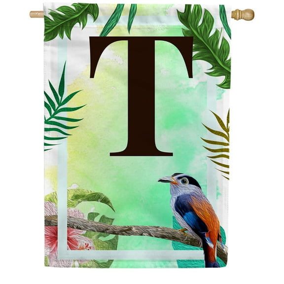 America Forever Tropical Bird Summer Monogram House Flag Letter T 28 x 40 inches Parrot Toucan Palm Leaves Double Sided Vertical Outdoor Yard Lawn Decorative Exotic House Flag