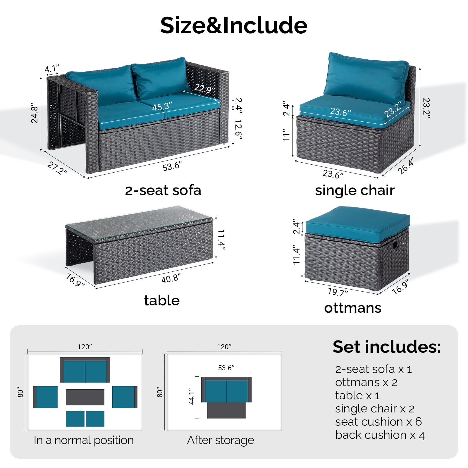 2pcs Armless Sofa + 2pcs Footstool + 1pcs Double Sofa + 1pcs Coffee Table With Storage Black Rattan And Peacock Green Cushions, Rattan Multi-Piece Set
