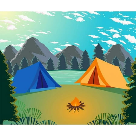 Image of Summer Island Camp Backdrop 10x8ft Outdoors Phtography Background Mountains and Waters Camping Travel Trees