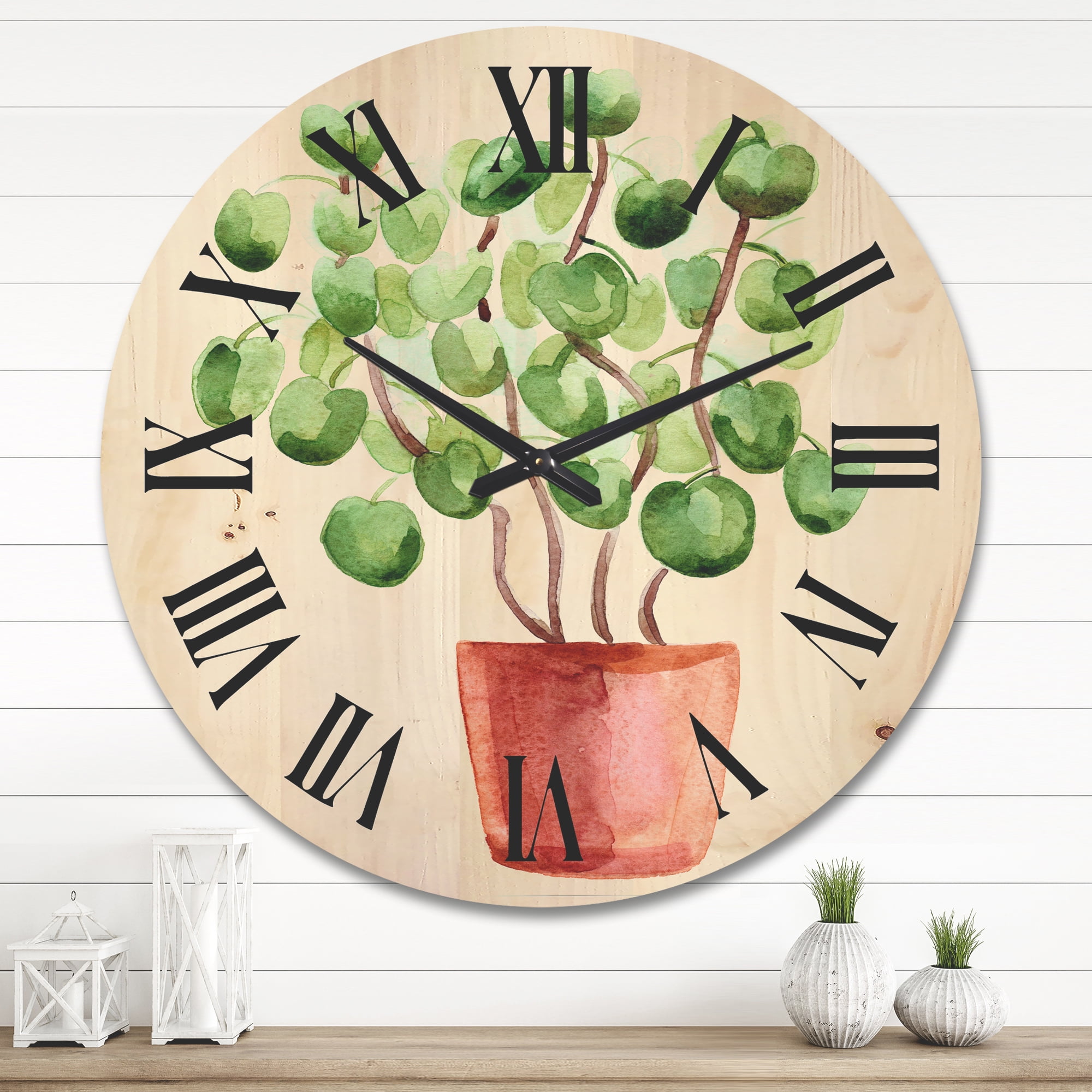 Designart 'Abstract Chinese Money Plant In Pot' Traditional Wood Wall Clock