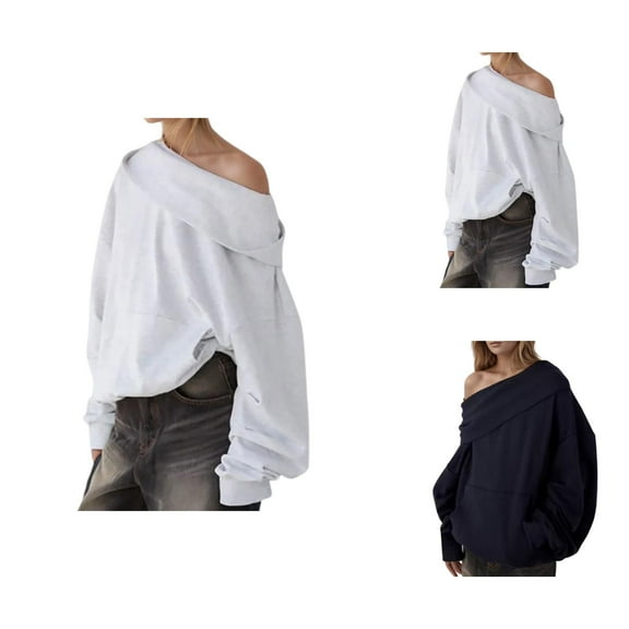 Pullover Hoodies for Women 2025 Fall Winter Long Sleeve Off Shoulder Plain Hooded Sweatshirt with Pockets
