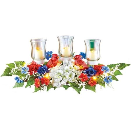 - Lighted Patriotic Red, White and Blue Floral Tabletop Centerpiece Arrangement with Three Glass Candleholders and Lighted Cardinal Accents