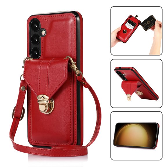 Crossbody Wallet Women Case for Samsung S24 Plus,[RFID Blocking] Credit Card Holder with Should Strap,Premium PU Leather Purse Metal Buckle Folio Flip Cover for Samsung Galaxy S24 Plus, Red