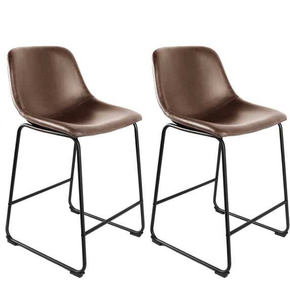 ZXNYH Pu Faux Leather Bar Stools Set of 2, Industrial Pub Barstools with Back and Footrest, Modern Armless Bar Height Stool Chairs, Brown