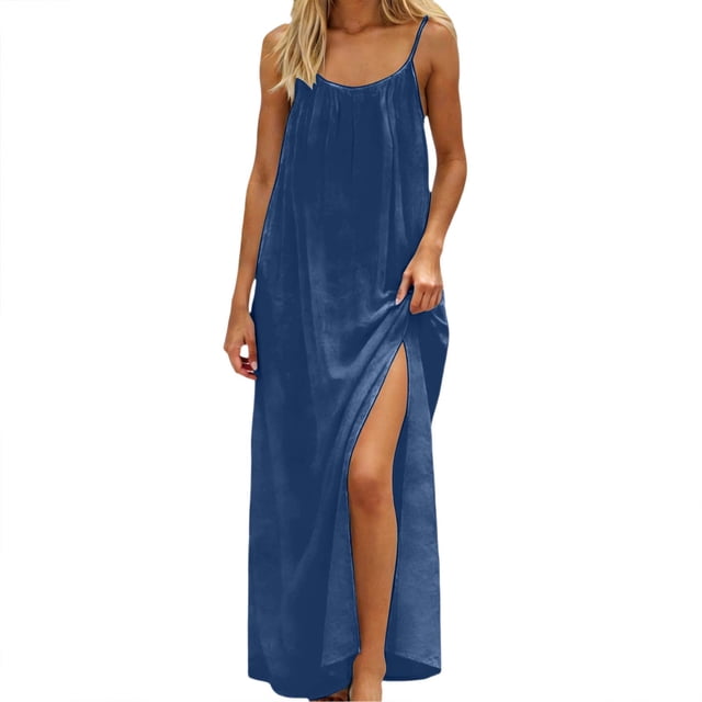 Daiosportswear Robe Longue Décontractée à Bretelles Spaghetti Dos Nu Ample pour Femmes, Robe de Chambre à Manches Courtes pour Femmes Marine m(m)