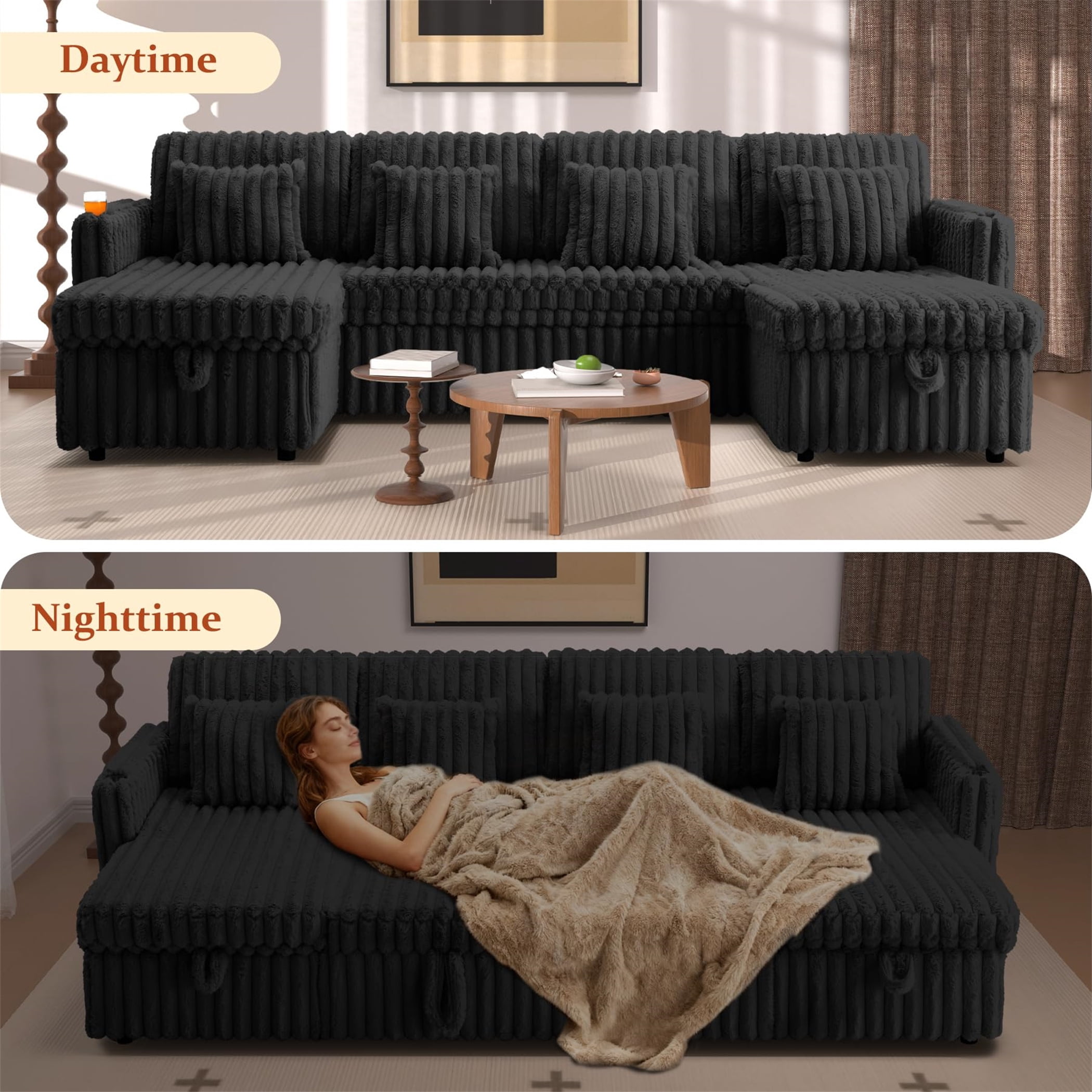 Aukfa 107" U shape Sectional Convertible Sleeper Sofa Bed with USB &Cup Holder, Storage Chaise for Living Room, Corduroy, Black
