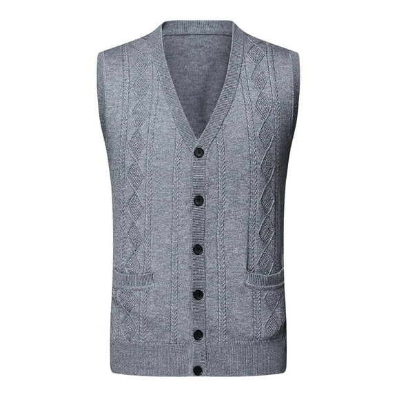 FINALGANG Mens Sweater Vest Solid Color Cable Knit Vest V Neck Button Front Sleeveless Pockets Casual Warm Cardigan Vest For Daily Outdoor Office Wear Classic Knitwear