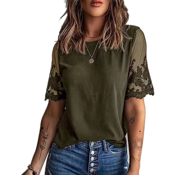 Camiseta de manga corta con cuello redondo, blusa de mujer con cuello redondo y encaje de color liso, blusa de manga corta con cuello redondo y encaje de color liso, diseño fácil de usar
