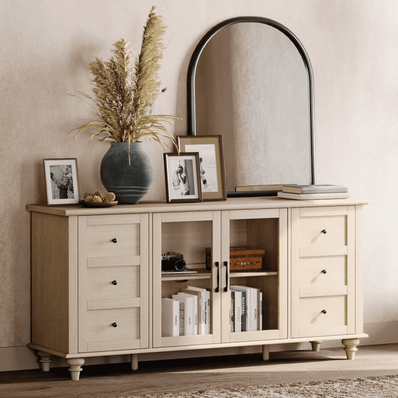 Beige Glass Door TV Stand for TVs up to 65", Farmhouse Television Stands for Living Room