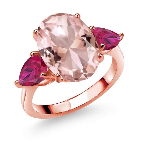 Gem Stone King 18K Rose Gold Plated Silver Peach Nano Morganite and Red Created Ruby Ring for Women (11.20 Cttw, 14X10MM Oval and 7X5MM Pear Shape, Gemstone October Birthstone, Size 9)