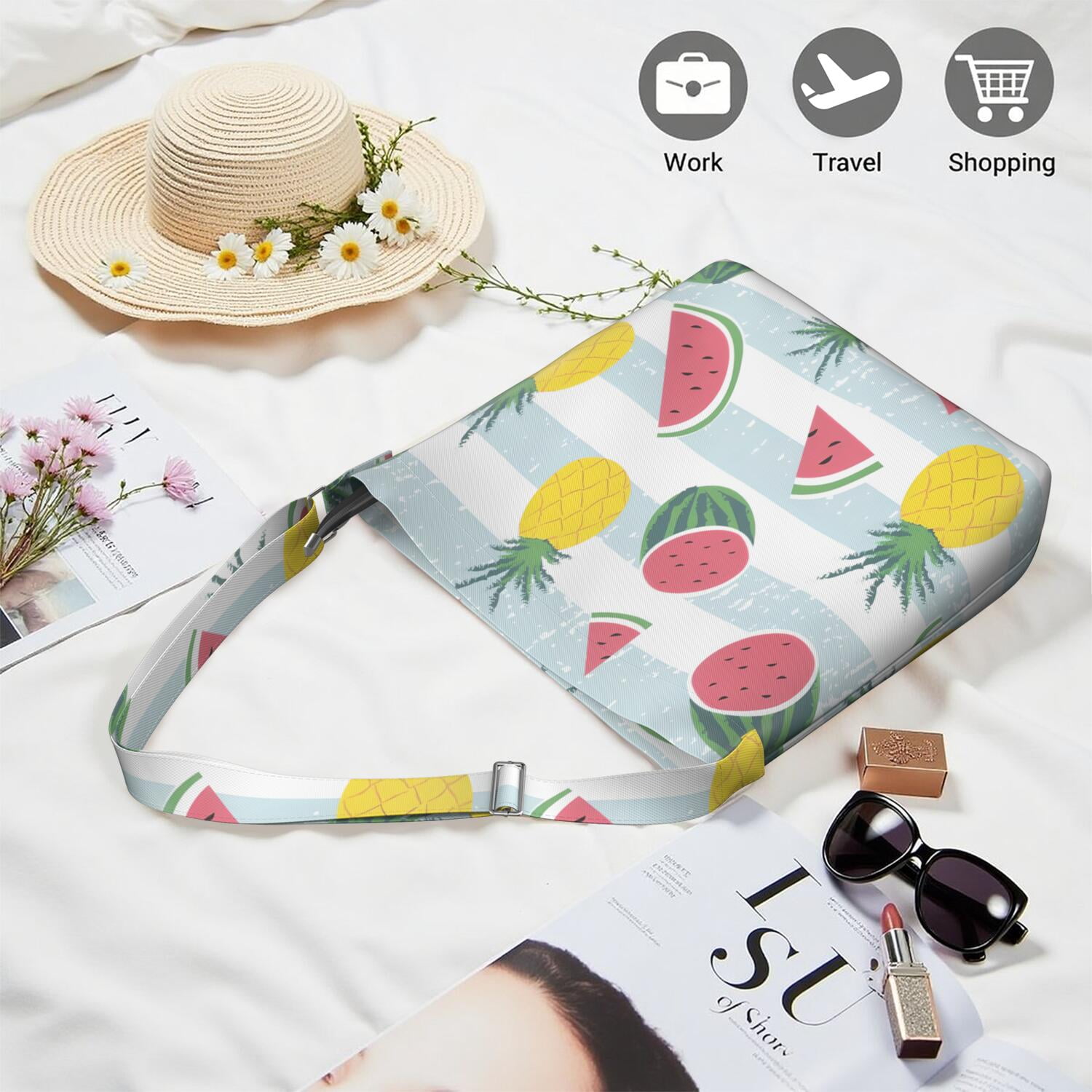 Summer Watermelon Tote Bag for Women | Fashionable Geometric Print Work Bag | Adjustable Strap & Multi-Pocket Organization | Travel & Office Use