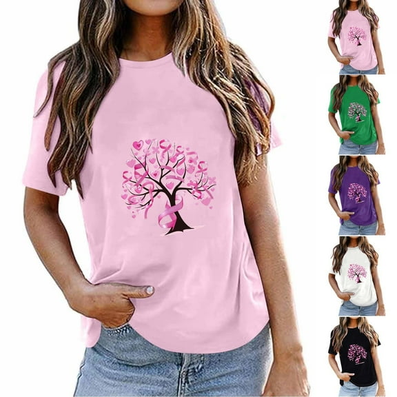 Fartey Women's Breast Cancer Awareness Short Sleeve Shirts Funny Pink Ribbon Graphic Tees Soft Comfy Crew Neck Festival Tshirts Black 2XL