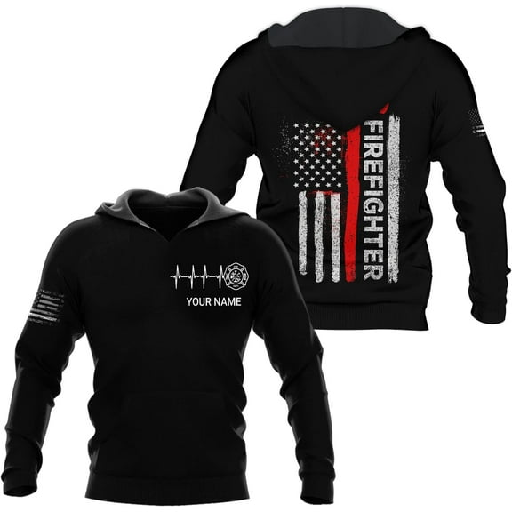Personalized Name Firefighter Patriotic Thin Red Line Firefighter USA Flag T Shirts for Men and Women Full Size S-5XL (Hoodie, S)