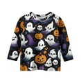thumbnail image 4 of Abcomgle Girls Halloween T-Shirt Spooky Ghost Pumpkin Graphic T-Shirts for Girls Crewneck 3/4 Sleeve Shirts for Kids Fall Funny Holiday Tee Top Girls,5-6 Years, 4 of 5