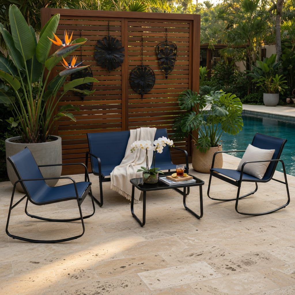 Hommoo 4-Piece Outdoor Rocking Patio Set with Tempered Glass Coffee Table, Metal Frame, Weather-Resistant Fabric, Adjustable Feet & Non-Slip Stability, Brown