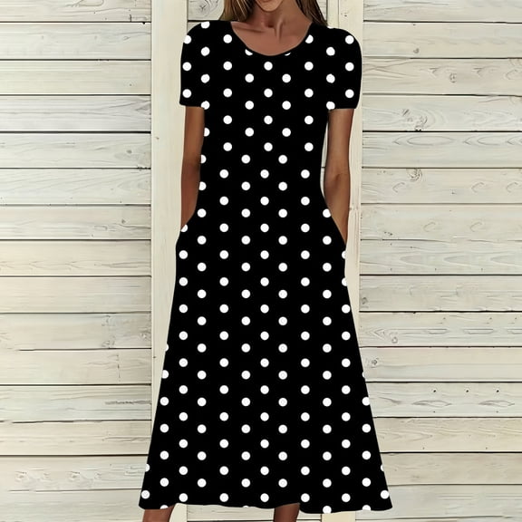 Xdegoge Polka Dot Dress for Women Crew Neck Short Sleeve Maxi Dress Casual Loose Solid Color Dresses Summer Trendy Dailywear