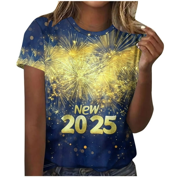 Camisetas Casuales de Mujer Año Nuevo Impreso Suéter de Manga Corta Cuello Redondo, Top de Moda para el Uso Diario