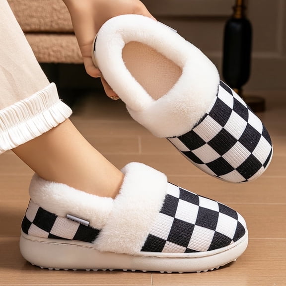 Pmoiste Checkered House Slippers for Women Furry Collar Comfort Memory Foam Closed Back Warm Winter Wedge Slipper
