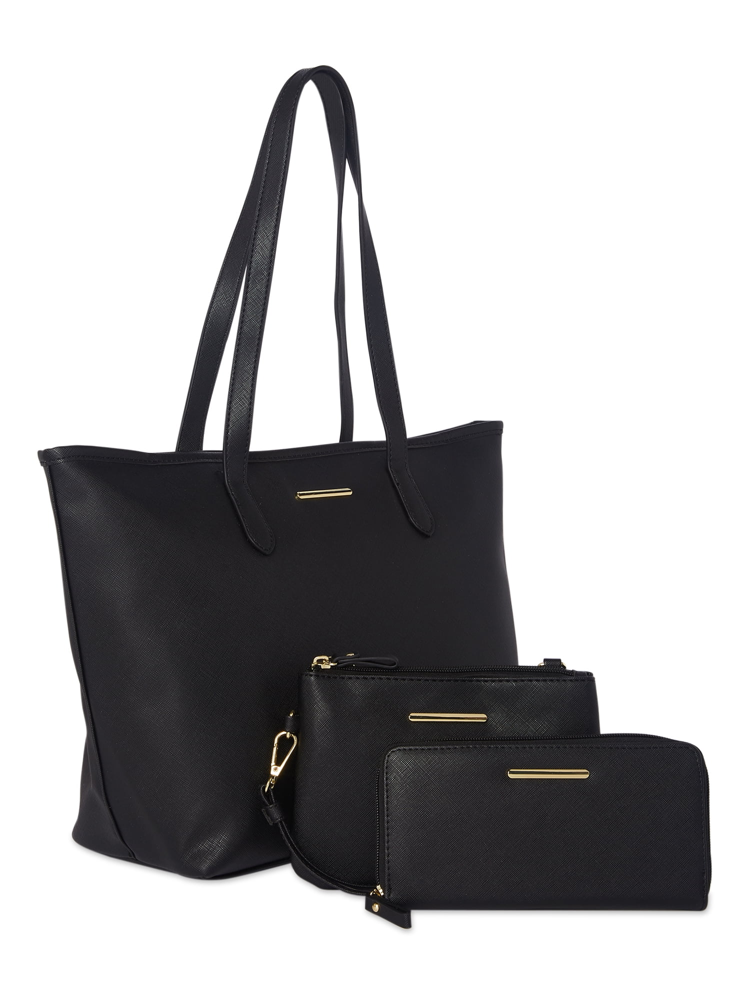 Time and Tru Women's 3-Piece Handbag Set Black Saffiano