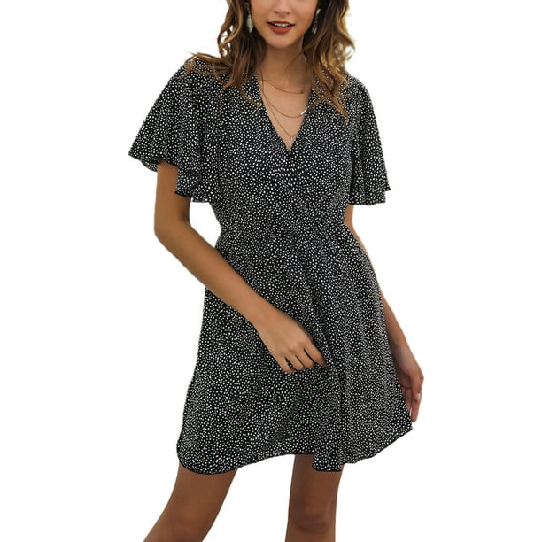 Sunloudy Vestido casual de manga corta para mujer, a la moda, estampado de puntos, cuello en V, cintura alta, vestido de gasa Sunloudy S M L XL