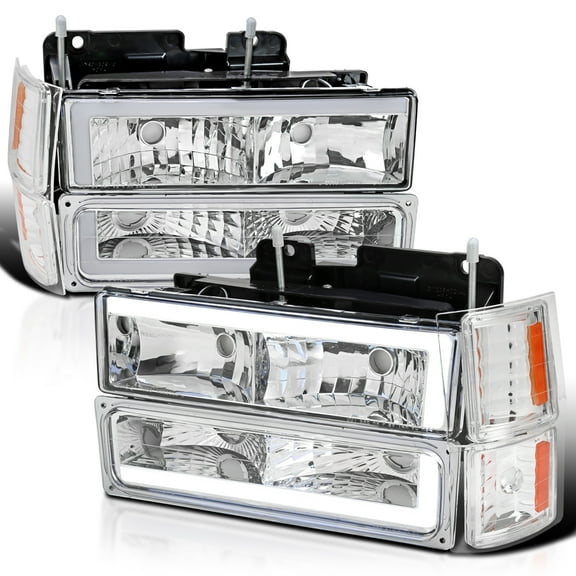 Spec-D Tuning Chrome Headlights Corner Lights Bumper Lights w/ LED Tube Compatible with 1994-1998 Chevy C10 C/K Tahoe Suburban