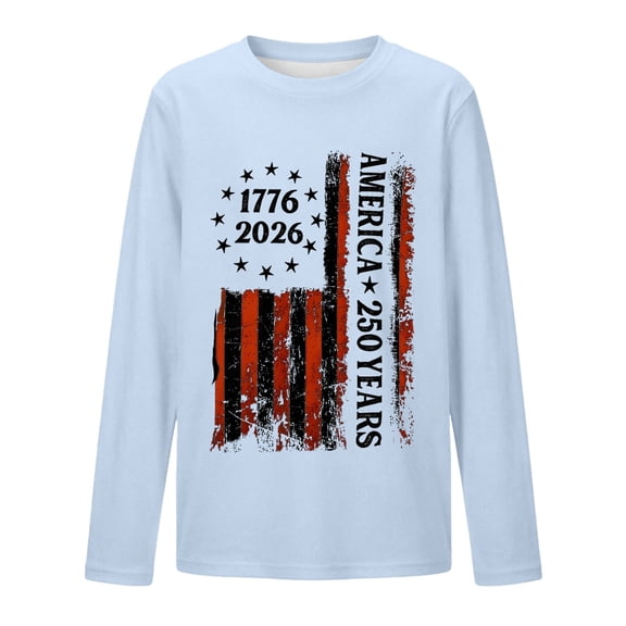 VNKIDY Boys Kids Patriotic Crew Neck Long Sleeve T Shirt With 250 Years 1776-2026 America Distressed Vertical Flag Print For Independence Day Wear Versatile Top